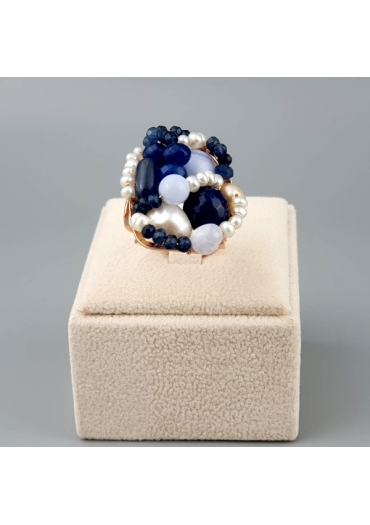 Anello agata blu zaffiro, calcedonio, perle coltivate﻿