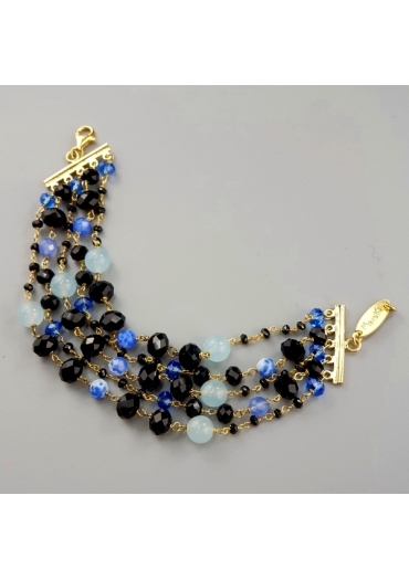 Bracciale a 5 fili agata nera, giada celeste, agata web﻿