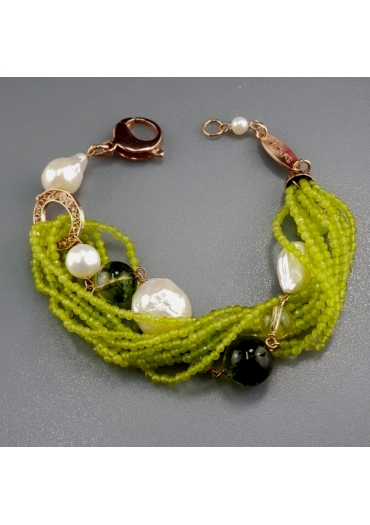 Bracciale giada olivina, quarzo muschiato, perle coltivate, arg.925/00 placcato oro rosa