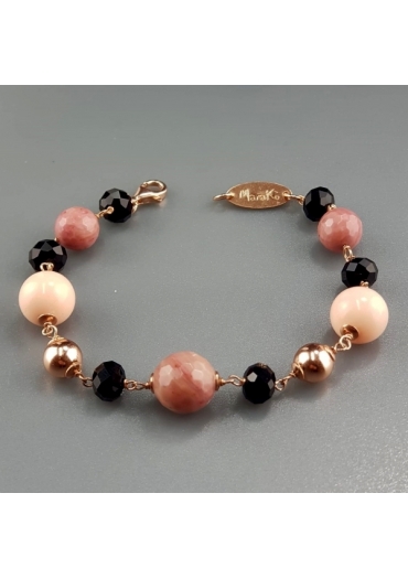 Bracciale rodonite, bamboo rosa, agata nera﻿