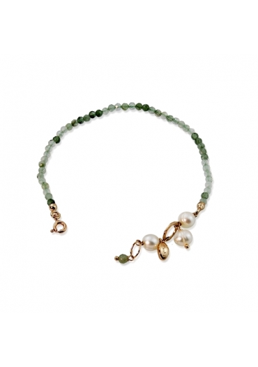 Bracciale rugiada,quarzo rutilato verde, perle coltivate﻿