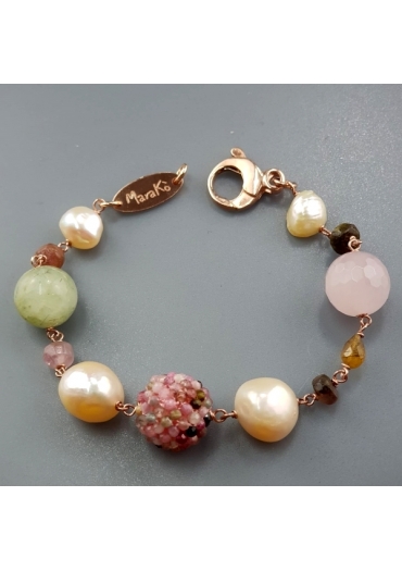 Bracciale tormaline, quarzo rosa, quarzo rutilato verde, perle coltivate﻿