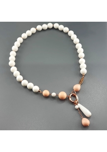 Collana agata bianca,Corallo bamboo rosa﻿