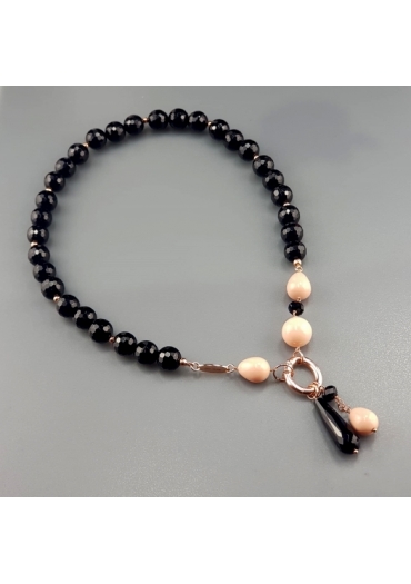Collana agata nera,Corallo bamboo rosa﻿