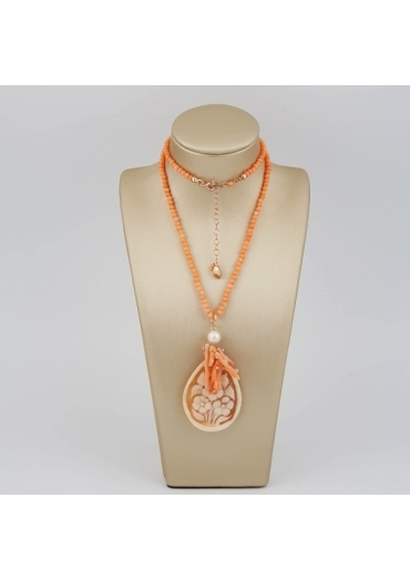 Collier bamboo rosa, cammeo e corallo rosa