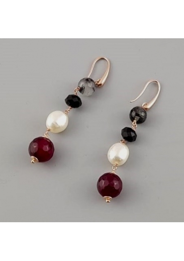 Orecchini, agata ruby, quarzo grigio, agata nera, perle coltivate﻿