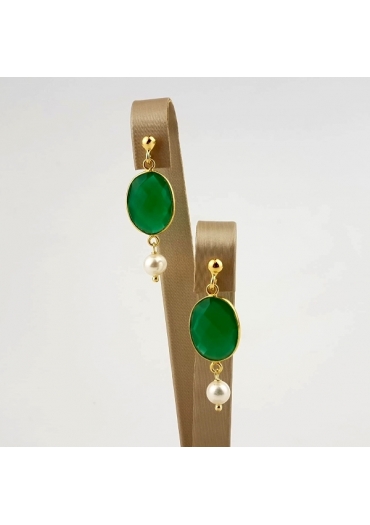 Orecchini agata verde smeraldo, perle coltivate﻿