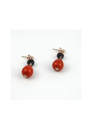Orecchini corallo bamboo rosso e agata nera﻿