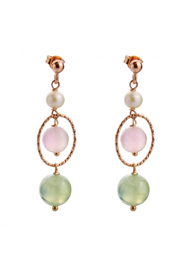 arg.925/00 placcato oro rosa
Orecchini quarzo rosa, quarzo rutilato verde, perle coltivate,
