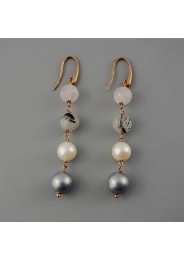 Orecchini, quarzo rutilato grigio, quarzo rosa, perle coltivate﻿