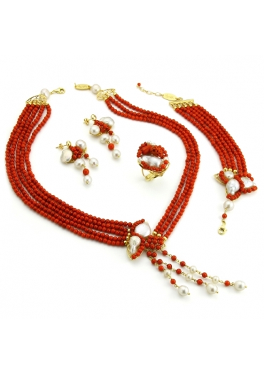 Parure corallo rosso , perle coltivate, bamboo red﻿