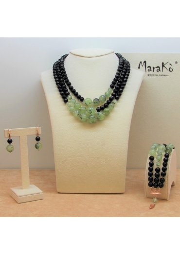 parure agata nera, quarzo rutilato verde