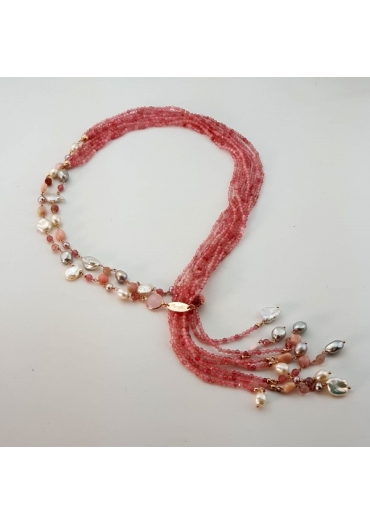 Sciarpetta ,quarzo fragola, perle coltivate, opale rosa﻿