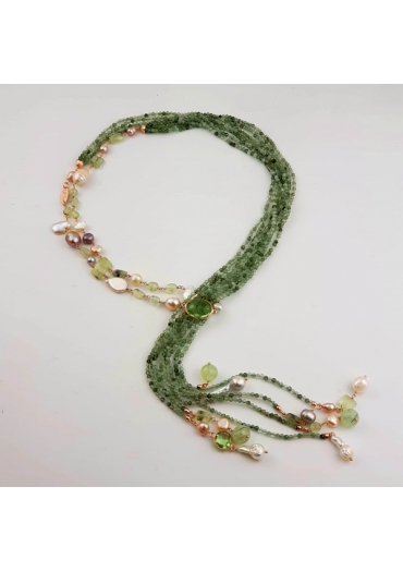 Sciarpetta quarzo rutilato verde diamond, perle coltivate﻿